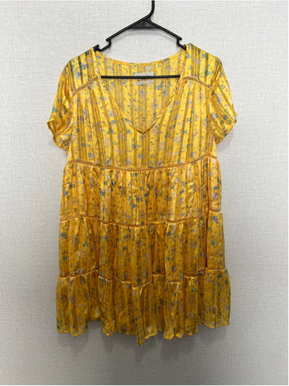 Urban Outfitters Yellow Floral Semi Sheer Tiered Babydoll Mini Dress